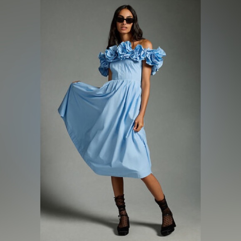 Anthropologie Off Shoulder Floral Blue Dress